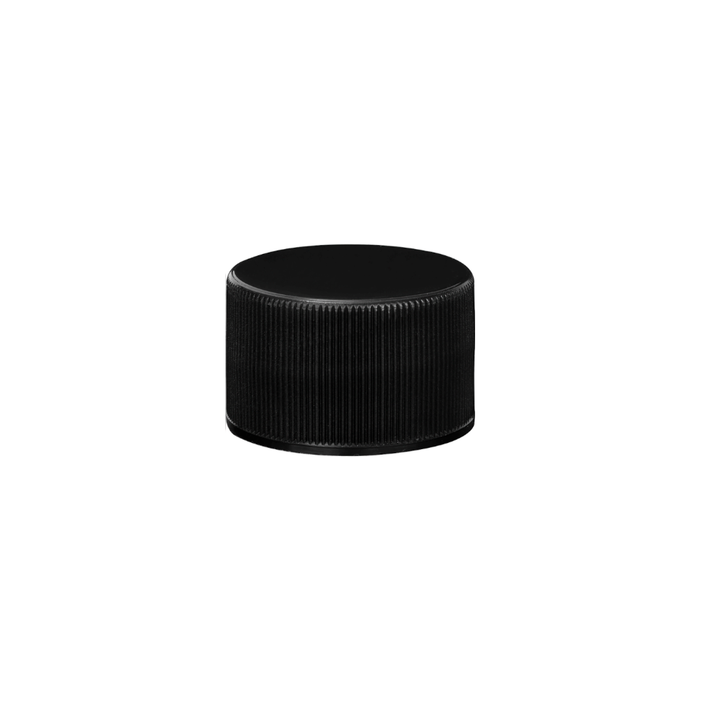 [C-1833.02] Cap Black Ribbed  Glossy Top Continuous Thread 28-410 Pressure Sensitive Seal Liner