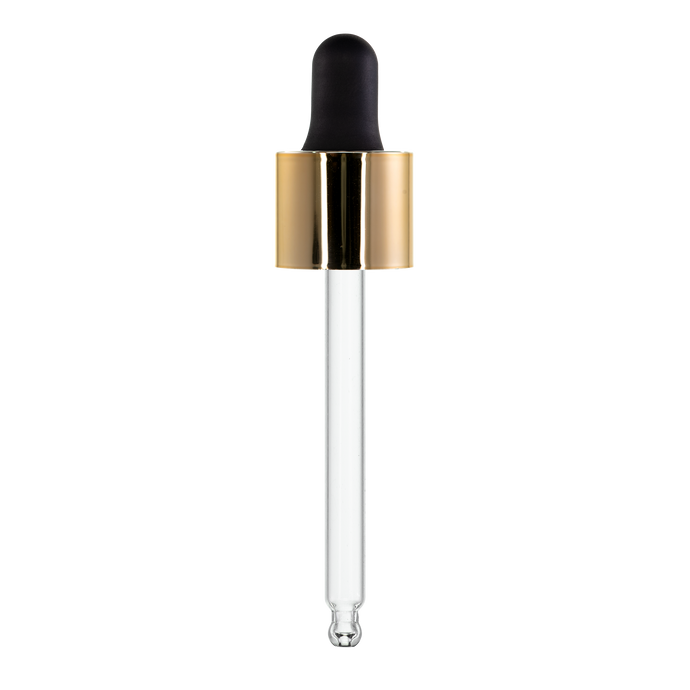 DROPPER WITH BLACK RUBBER BULB AND ABS SHINY GOLD LONG COLLAR GLASS PIPPETTE ROUND TIP, Finish: 20/400, Dtl: 85MM