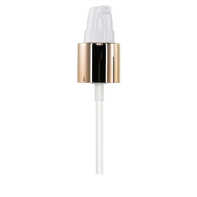 TREATMENT PUMP WHITE PP WITH LONG GOLD ABS COLLAR FOR BOSTON ROUND GLASS BOTTLES, Finish: 20/400, Dtl: 92 MM UG