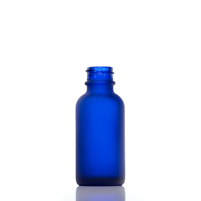 BOSTON ROUND COBALT BLUE FROSTED GLASS BOTTLE 1 OZ - 20/400  with DROPPER WITH BLACK BULB AND ABS SHINY GOLD COLLAR GLASS PIPPETTE ROUND TIP, Finish: 20/400, Dtl: 70MM (8113219, 8113121)